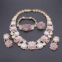 Luxury Two-Tone Floral Rhinestone Jewelry Set, Pink Flower Necklace Bracelet Earrings Ring Bridal Formal Outfit Matching Set - 4-piece Set - View 4