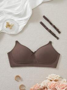 1pc Women's Comfortable Wireless Soft Cup Solid Color Cotton Sleep Bra - Coffee Brown - View 9