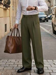 Men's Casual Loose Fit Straight Leg Wide Leg Pants With Pockets Zipper Button Design Long Pants Formal Occasion Comfortable Style Men's Suit Pants - Green - View 1