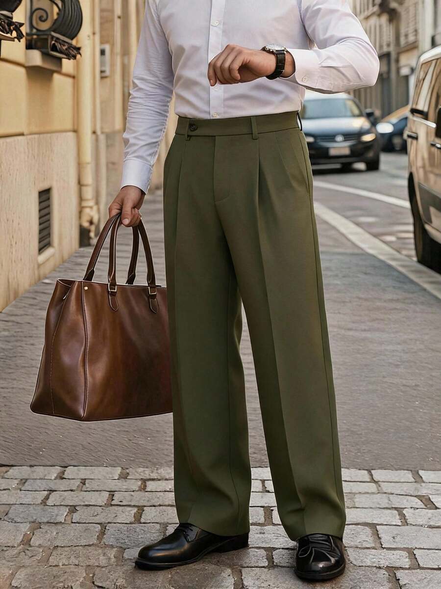 Men's Casual Loose Fit Straight Leg Wide Leg Pants With Pockets Zipper Button Design Long Pants Formal Occasion Comfortable Style Men's Suit Pants - Green - View 1
