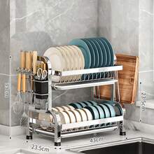 Escurridor de platos de acero inoxidable - Escurridor de platos de cocina de 2 niveles con bandeja de drenaje, soporte para tabla de cortar, soporte para utensilios - Escurridor de platos multifuncional a prueba de óxido adecuado para la encimera de la cocina del hogar - Ahorra espacio, fácil de limpiar y accesorio de cocina duradero - Plateado - Ver 5