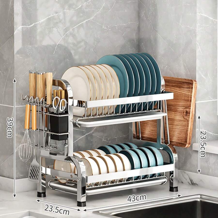 Stainless Steel Dish Rack - 2-Tier Kitchen Dish Drying Rack With Drain Tray, Cutting Board Holder, Utensil Holder - Multi-Functional Rust-Proof Dish Drainer Suitable For Home Kitchen Countertop - Space-Saving, Easy To Clean And Durable Kitchen Accessory - Silver - View 1
