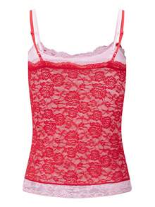 Women Y2K Color Block Lace Camisole Tank Top Floral Spaghetti Strap Slim Fit Camisole Crop Tops Sexy Backless Sleeveless Vest Coquette Going Out Top - 紅色 - 查看 7