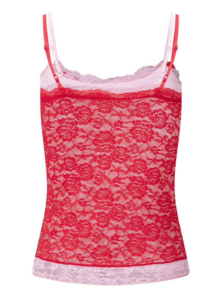 Women Y2K Color Block Lace Camisole Tank Top Floral Spaghetti Strap Slim Fit Camisole Crop Tops Sexy Backless Sleeveless Vest Coquette Going Out Top - 紅色 - 查看 7