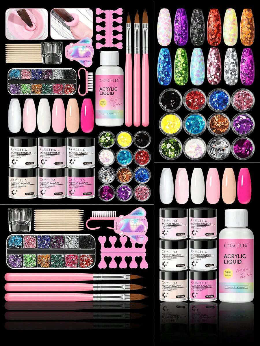 COSCELIA Acrylic Nail Powder Kit With Acrylic Liquid, Clear Pink White Nude Smooth Texture Acrylic Powder, Acrylic Nail Brush Nail Forms And DIY Nail Art Tools Acrylic Nail Kit For Beginner - Multicolor - View 1