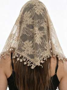 1件女款刺繡提花蕾絲流蘇三角圍巾，復古簡約百搭披肩圍巾，適合日常穿著，也適合所有場合 - 卡其色 - 查看 5
