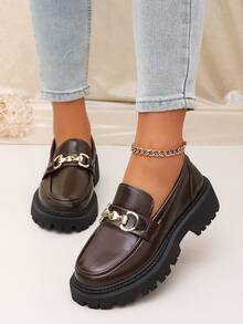 Brown Metal Horsebit Chunky Loafers - Retro Vintage Platform Slip-Ons With Lug Sole For Autumn Outfits, Library & Date - Brown - View 6