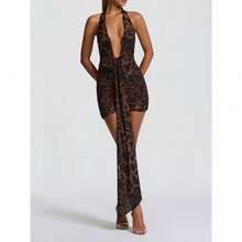 Elegant Vacation Style Backless Neck Wrap Dress - 短版豹紋 - 查看 2