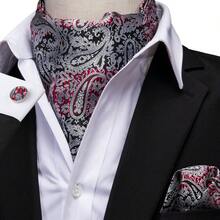 Black Base Red White Striped Paisley Ascot Cravat 3 In 1 Accessory Pack,Mens Evening Party Matching Pocket Square Cufflink Kit - Multicolor - View 2