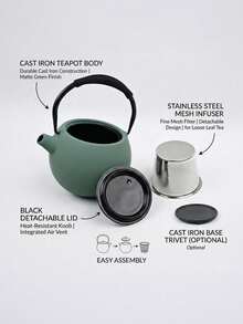A Japanese-Style Cast Iron Teapot, Suitable For Brewing Tea Over A Fireplace, Perfect For Home Use As A Tea Set. It Features An Open Flame And A Handle, And Comes In Various Textured Designs. Sizes Range From 780-1200ml. - Fog Green Iron Kettle (850ml) - View 2