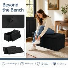 Faux Leather Foldable Storage Ottoman 76*37*37cm, Storage Box With Lid & Seat, Cube Foot Stool Bench - Black - View 4