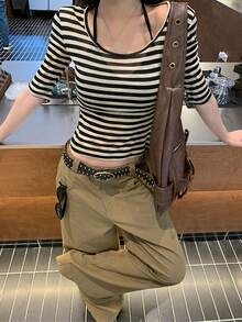 對比色透視條紋修身中袖T恤，女款夏季百搭休閒內搭上衣 - 黑杏 - 查看 6