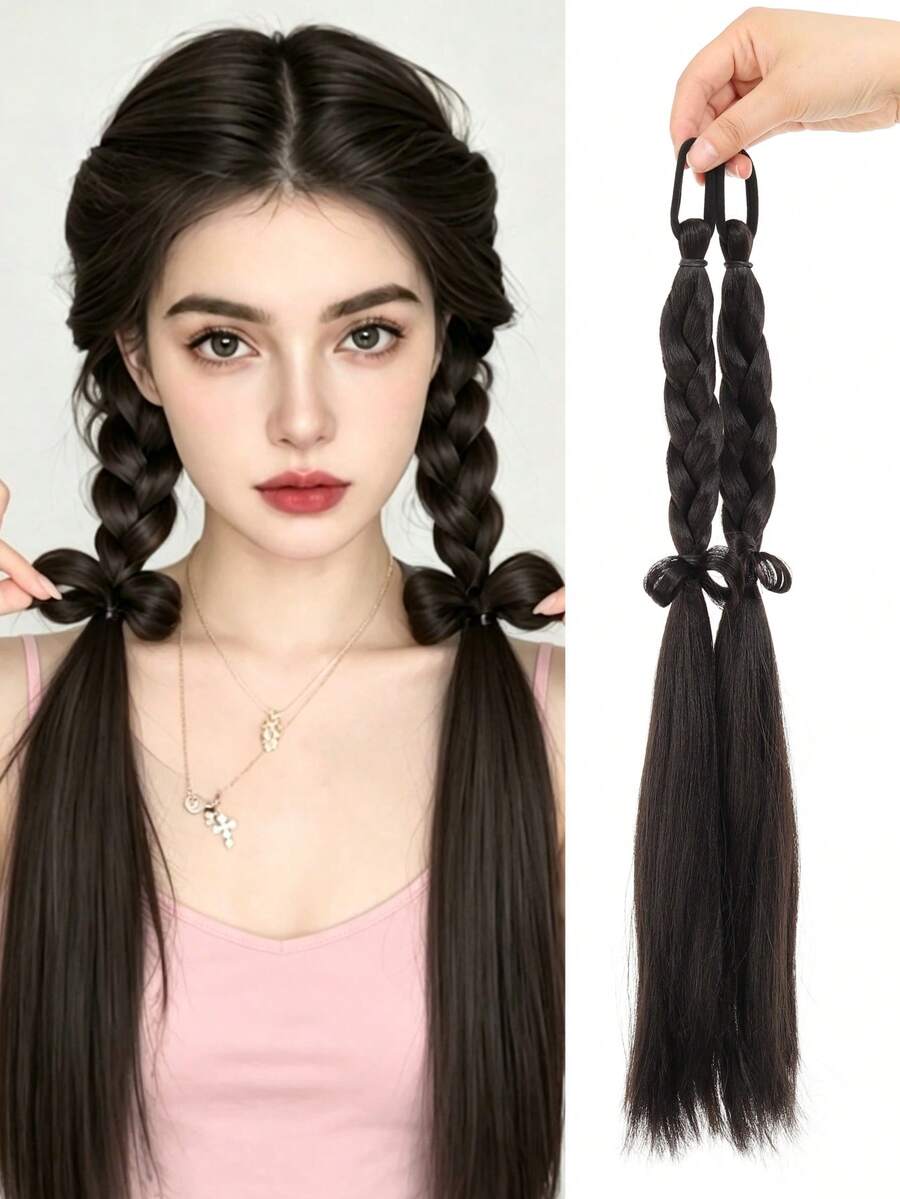 2pcs 20 Inch Synthetic Long Braided Ponytail Hair Extensions With Rubber Band For Women Daily Use Braided Hair Bundles - Multicolor - View 1