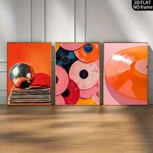 3-Piece Frameless Vintage Music Canvas Poster - Bright Pink And Orange Disco Ball Vinyl Record Wall Art Print, Bedroom Dorm Modern Minimalist Photo Wall Decor, Minimalist Academic Style Room Decoration, Holiday Decoration Gift. - 3pcs-orange-rimless - View 4