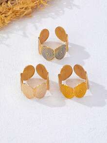 3pcs/Set Gold Metal Spiral Textured Grooved Enamel Colorful Rings Set, Gentle & Elegant, Suitable For Vacation And Commute Jewelry - Multicolor - View 4