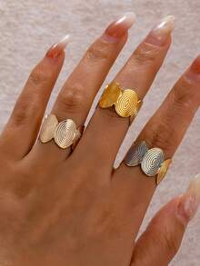 3pcs/Set Gold Metal Spiral Textured Grooved Enamel Colorful Rings Set, Gentle & Elegant, Suitable For Vacation And Commute Jewelry - Multicolor - View 9