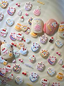 5D Relief Cute Cake Nail Art Stickers, 2 Sheets Embossed Sweet Cherry Heart Dessert Self-Adhesive Nail Decals, 3D Textured DIY Manicure Decoration For Women Girls - Multicolor - View 7