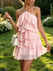 QIANZHIDU Spring/Summer Light Pink Solid Color Halter Neck Ring Tie Multi-Layer Ruffle Waist-Cinching Asymmetrical A-Line Dress, Suitable For Birthday Party, Beach Vacation, Street Outing, Date Afternoon Tea - Pink - View 11