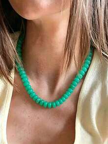 1pc Women's Colorful Flat Acrylic Beaded Necklace - Multi-Layer Resin Beaded Necklace - Bohemian Style, Suitable For Vacation And Casual Wear - Mint Green - View 1
