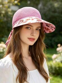 1pc Floral Ribbon Open Top Sun Hat For Women, Summer Hollow Wide Brim Sun Protection Hat, Ponytail Tie, Beach Vacation Sun Hat - Floral Print - View 3
