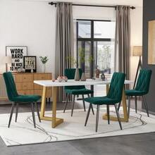 Dining Set (117x68cm Dining Table With 4 Chairs), Rectangular Dining Table, Modern Kitchen Table Set, Dark Green Twill Velvet Dining Chair, Gold Table Legs - Green - View 2