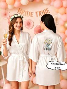 1pc Customized Women's Satin Bridal Robe, Short Sleeve Design, Customizable Text, Suitable For Bride And Bridesmaids, Personalized Satin Robe, Customized Bridal Robe, Bridesmaid Preparation Robe, Wedding Party Robe, Lace Trim Robe, Customized Name Robe, Bridal Robe Gift, Bridal Party Gift, Silky Loungewear, Simple, Fun, Customized, Unique, Matching Bridesmaid Robe Silky Loungewear, Special Bridal Gift, Best Friend, Girlfriend, Fashionable Autumn - Multicolor - View 2