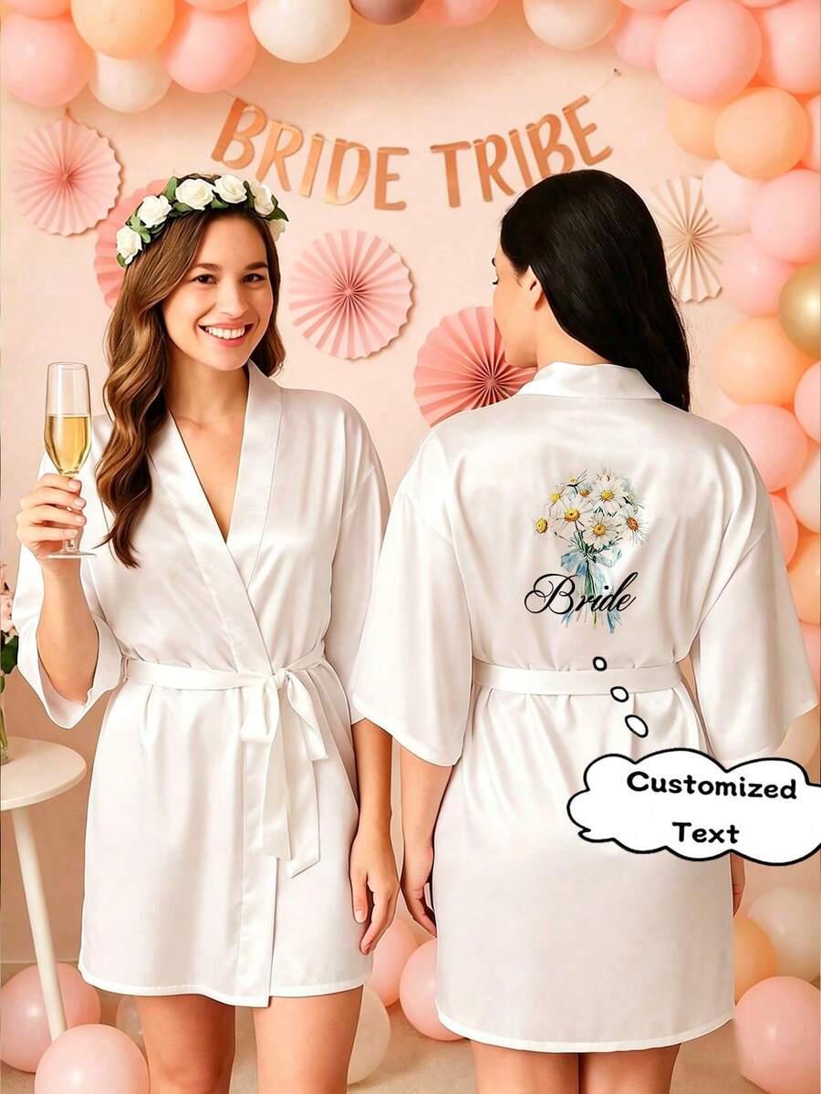 1pc Customized Women's Satin Bridal Robe, Short Sleeve Design, Customizable Text, Suitable For Bride And Bridesmaids, Personalized Satin Robe, Customized Bridal Robe, Bridesmaid Preparation Robe, Wedding Party Robe, Lace Trim Robe, Customized Name Robe, Bridal Robe Gift, Bridal Party Gift, Silky Loungewear, Simple, Fun, Customized, Unique, Matching Bridesmaid Robe Silky Loungewear, Special Bridal Gift, Best Friend, Girlfriend, Fashionable Autumn