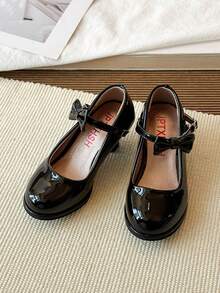 Girls' Black Shiny Bow Mary Jane Shoes | Mid-Heel Single Strap Princess Style - Black - View 8