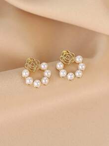 3 pares de pendientes de botón de flor con pétalos de perla sintética, estilo minimalista, elegante, nicho de alta gama, dulce, versátil y fresco, conjunto de pendientes para mujeres, adecuado para uso diario y festivo - Multicolor - Ver 5