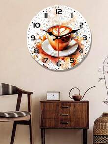 A Cup Of Coffee Backdrop Clock - 10/12inch Wood Veneer Europe And America Style Round Silent Flat Wall Clock - Batteries Not Included - Add Joyful Time To Your Study Or Living Room, Perfect Gift For Sending Friends, Family, Colleagues And Others - A - View 2