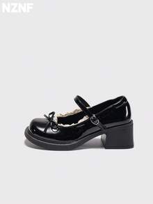 NZNF Sepatu PU Wanita Warna Polos Gaya Akademi dengan Tali Gesper, Sol Tebal dan Hak Tebal, Sepatu untuk Perjalanan Sehari-hari - Hitam - View 3