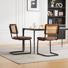 Retro-Style Rattan Dining Chairs Set (2 Pieces) / Rattan Backrest Dining Chair / PU Seat Cushion / With Black Metal Frame / Suitable For Kitchen, Living Room And Bedroom - Brown - View 3