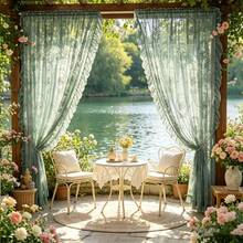 1pc French Luxury Vintage Princess Style Green Jacquard Lace Semi-Sheer Curtain, Rod Pocket Top, Living Room Bedroom Balcony Bay Window Apartment Home Decor Sheer Curtain - Green - View 3