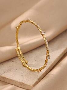 Exquisite Stackable Gold-Plated Bamboo & Ball Shape Bracelets With White Zirconia Inlay, 18K Gold Plated Fade-Resistant Adjustable Bangle, Suitable For Women, Mom, Best Friend And Girlfriend, Wedding, Vacation Charm Jewelry, Party, Daily Wear Accessory, Birthday Anniversary Gift - Various - View 3