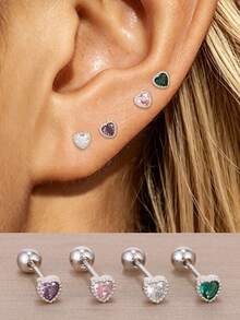 4pcs/Set Fashion Pink Purple White Green Zirconia Flower Stud Earrings For Women, Stainless Steel Pierced Earrings, New Luxury Jewelry - 5 Silver - 4 PCS - View 1