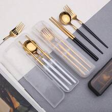 3pcs Spoon Fork Chopsticks Set With Storage Box Stainless Steel Coffee Snacks Fruit Dessert Fork Spoon Kitchen Teaspoon Set - Red - View 4