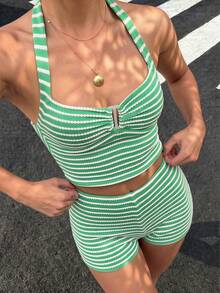 2pcs/Set Knit Stripe Contrast Color Resin Hollow Out Racerback Beachwear Set Summer Elegant - Green - View 2