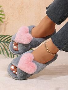 Ins Soft Style Cross Strap Heart Slippers Sweet Indoor Warm Fuzzy Slides - Grey - View 6