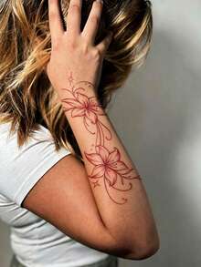 3 Sheets Red Watercolor Lily Floral Vine Temporary Tattoo Stickers, Waterproof Long Strip Fake Body Tattoos For Women Arm Leg Thigh Deco - Red - View 4