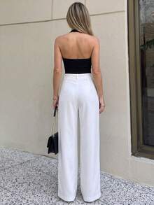 Wide Leg Pants Minimalist Commuter Style Old Money Aesthetic High Waist Pleated White Summer - White - View 4