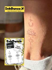 1 Set "Lotus Moon" New Technology Tattoo Stickers, Semi-Permanent, Spiritual, Fine Line, Delicate, Temporary Tattoo, Fake Tattoo, Waterproof And Long-Lasting Realistic Design, Plant-Based Formula, InkDance, Ink Dance, Gift MNF006 - Black - View 1