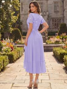 MIUSOL Rok Panjang Elegan Model Ball Party dengan Leher V, Hiasan Payet, Renda, Patchwork, dan Bahan Chiffon, Cocok untuk Tamu Pernikahan, Makan Malam, dan Acara Musim Panas. - Mauve Purple - View 8