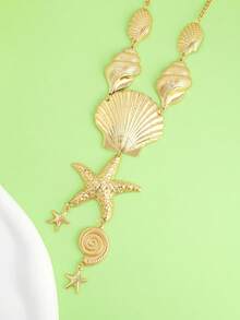 1 pieza Collar exagerado de estilo oceánico con concha, caracol y estrella de mar para niña, verano y vacaciones en la playa - Dorado - Ver 3