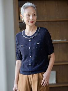 女款時尚海軍藍珍珠飾邊開襟針織上衣，前扣鈕扣針織毛衣 T-shirt，適合萬聖節、感恩節、聖誕節節日穿搭 - 藏蓝色 - 查看 1