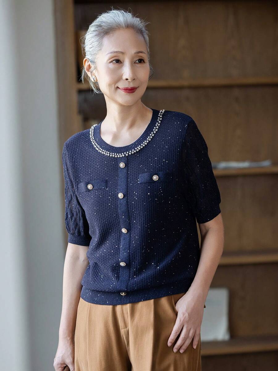 女款時尚海軍藍珍珠飾邊開襟針織上衣,前扣鈕扣針織毛衣 T-shirt,適合萬聖節、感恩節、聖誕節節日穿搭 - 藏蓝色 - 查看 1