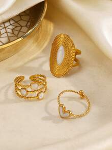 3pcs Stainless Steel Minimalist White Enamel Geometric Rings, Suitable For Women's Daily And Party Wear - White - View 4