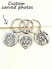 1pc Personalized Photo Engraved Keychain | Pet Photo Keychain | Picture Keychain | Animal Portrait | Line Art | Laser Engraved | Dog Cat, Valentine's Day Gift Anniversary Gift Best Gift For Her/Him Keychain - Silver - View 1