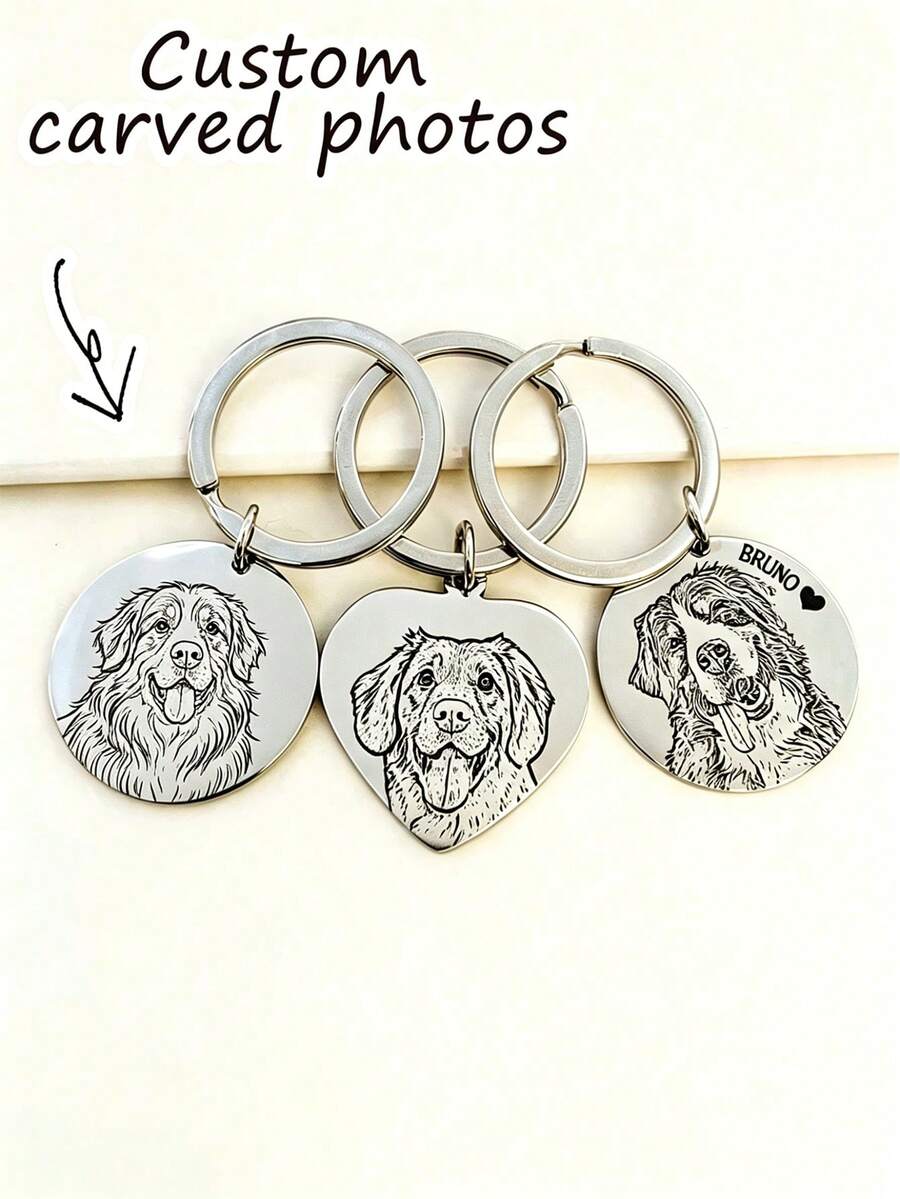 1pc Personalized Photo Engraved Keychain | Pet Photo Keychain | Picture Keychain | Animal Portrait | Line Art | Laser Engraved | Dog Cat, Valentine's Day Gift Anniversary Gift Best Gift For Her/Him Keychain - Silver - View 1
