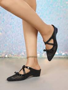 Black Mesh Pointed Toe Wedge Pumps - Black - View 3