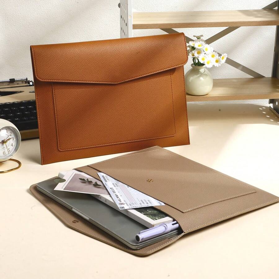 1Pc Multi-Color Magnetic Closure Document Bag, Scratch Resistant Heavy PU Leather, Multi-Purpose Storage Fits 14-Inch Laptops & Tablets, Minimalist Business Style, A4 Double Layer Portfolio File Bag, School Office Daily Commute Use - A - View 1